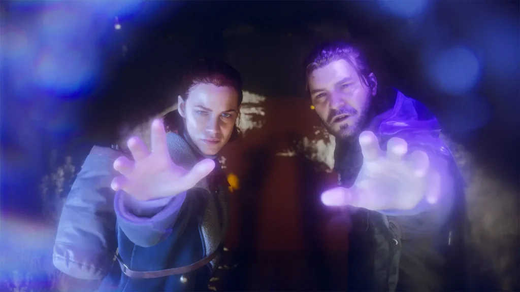 Two characters reaching through a violet resonance glow in Control Resonant