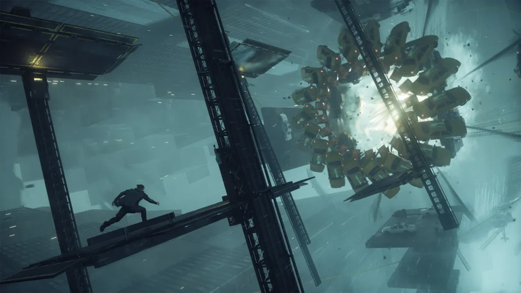 A giant geometric structure hanging over the warped city in Control Resonant