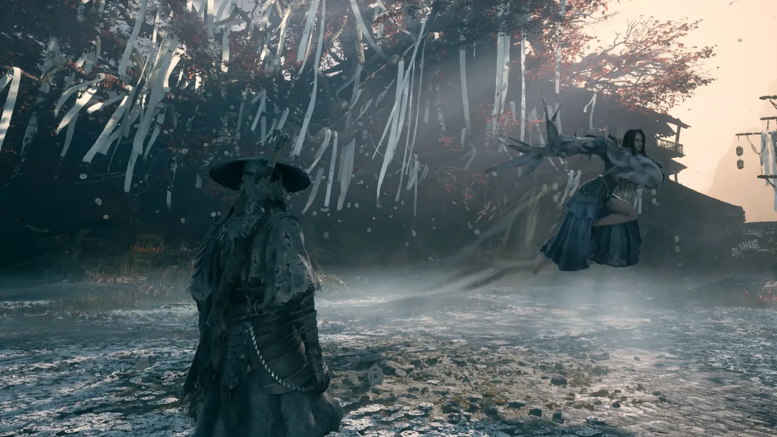 Soul facing a flying swordsman in a rainy duel in Phantom Blade Zero