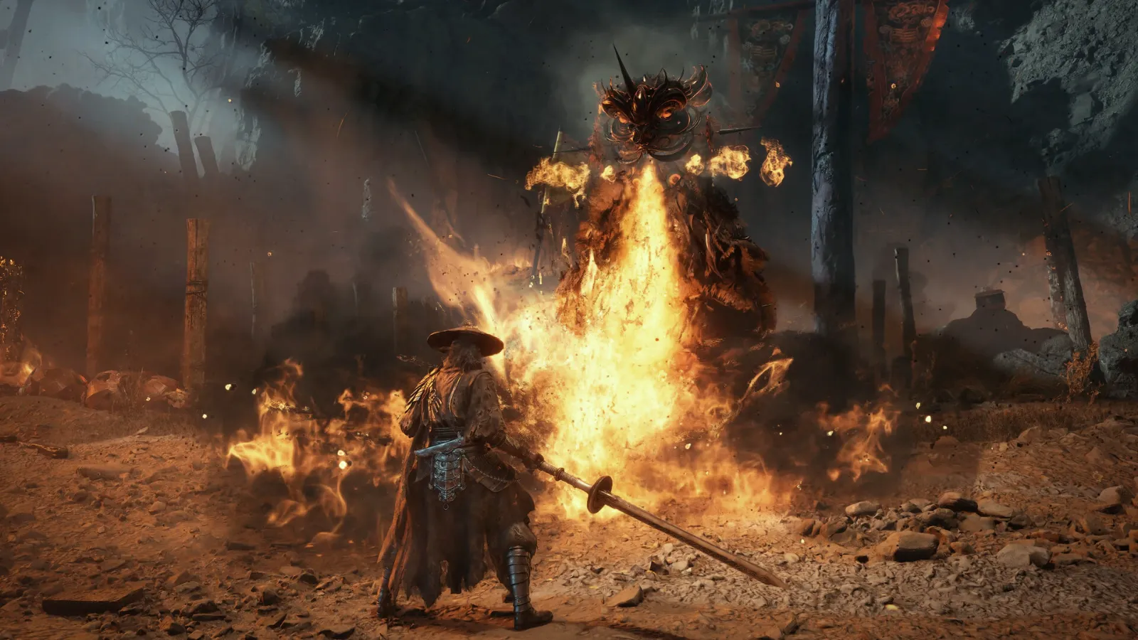 Soul confronting a burning demon boss in a village in Phantom Blade Zero