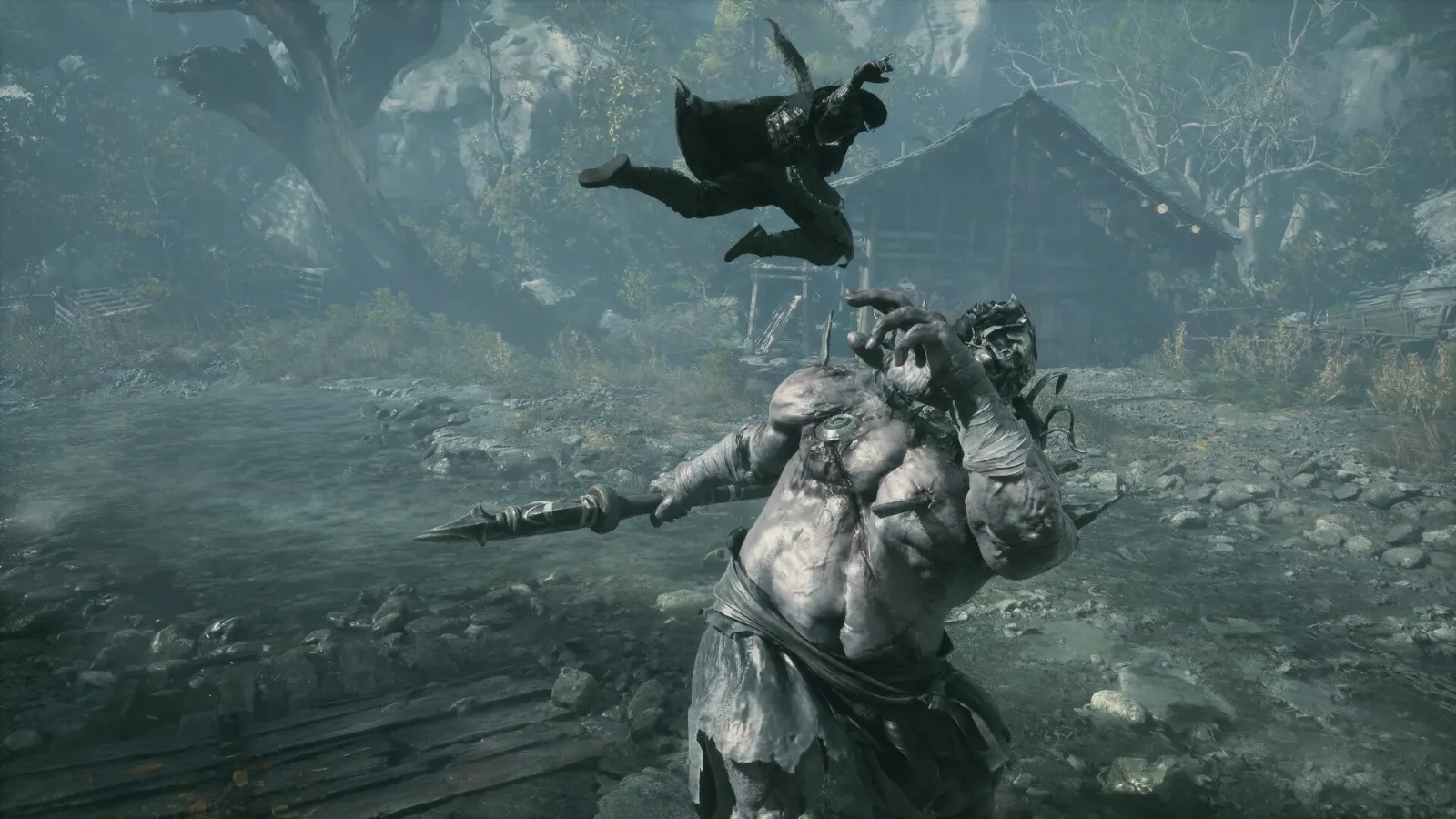 Soul leaping above a giant brute enemy in Phantom Blade Zero