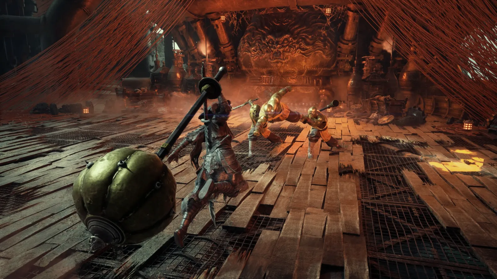 Soul swinging a giant mace in a wooden arena in Phantom Blade Zero