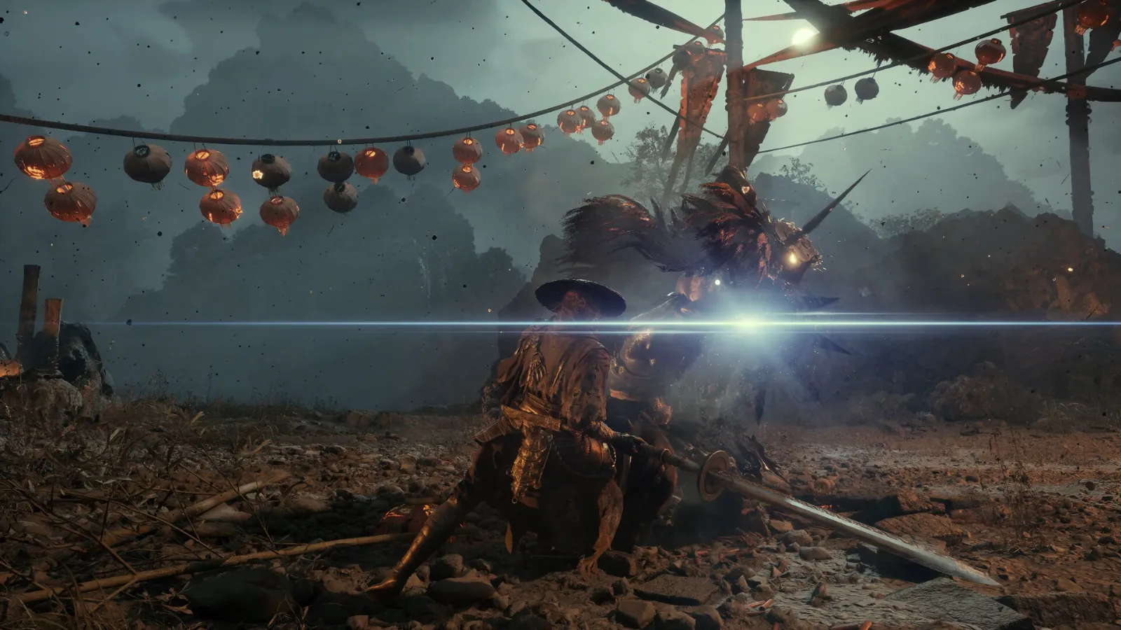 Soul landing a parry against an armored enemy under red lanterns in Phantom Blade Zero