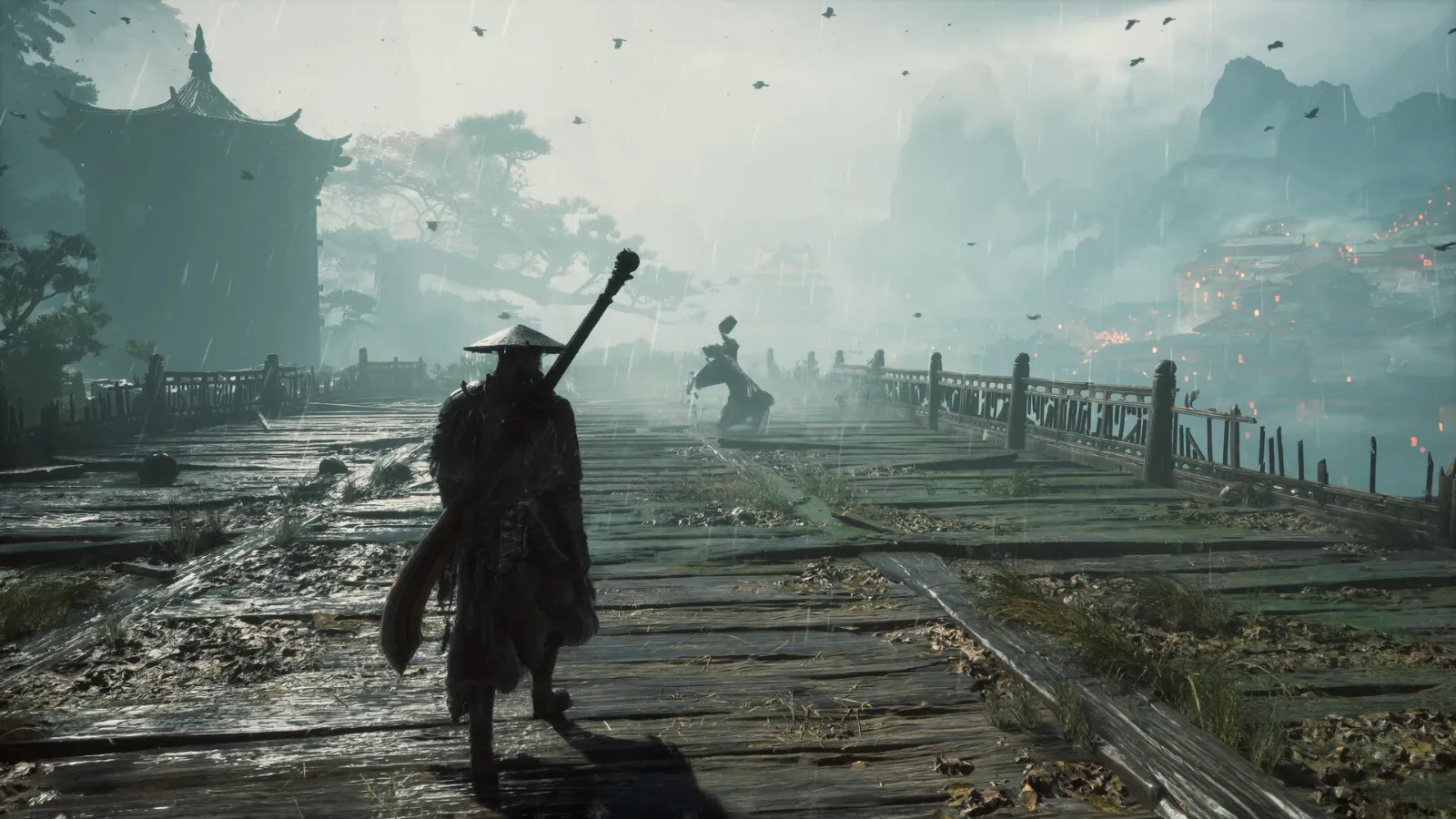 Soul walking across a rain-soaked wooden bridge in Phantom Blade Zero