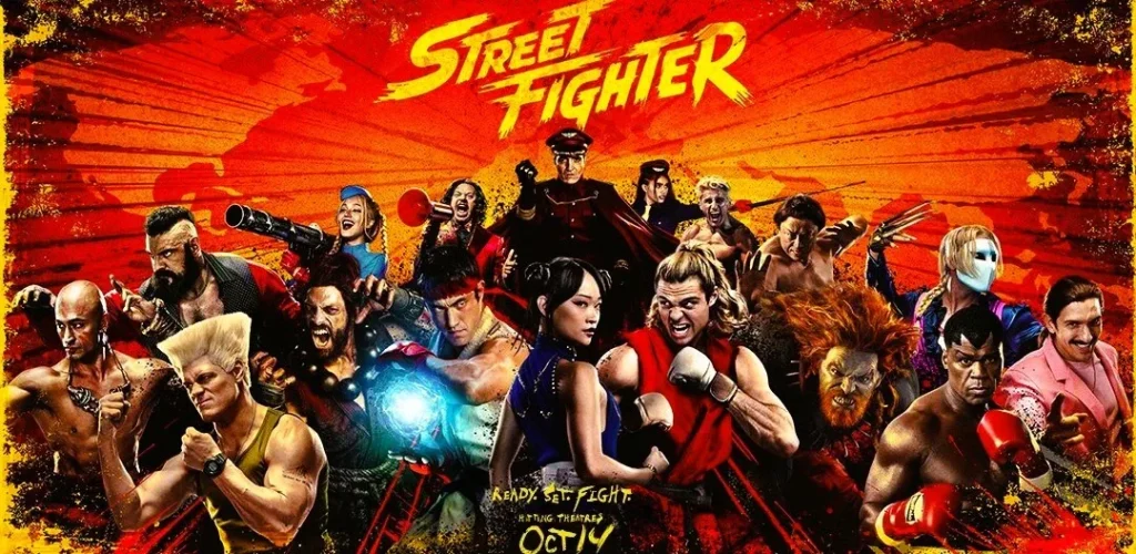Street Fighter 2026 movie poster featuring Ryu, Ken, Chun-Li, M. Bison, Dhalsim, Blanka, Guile and the full cast